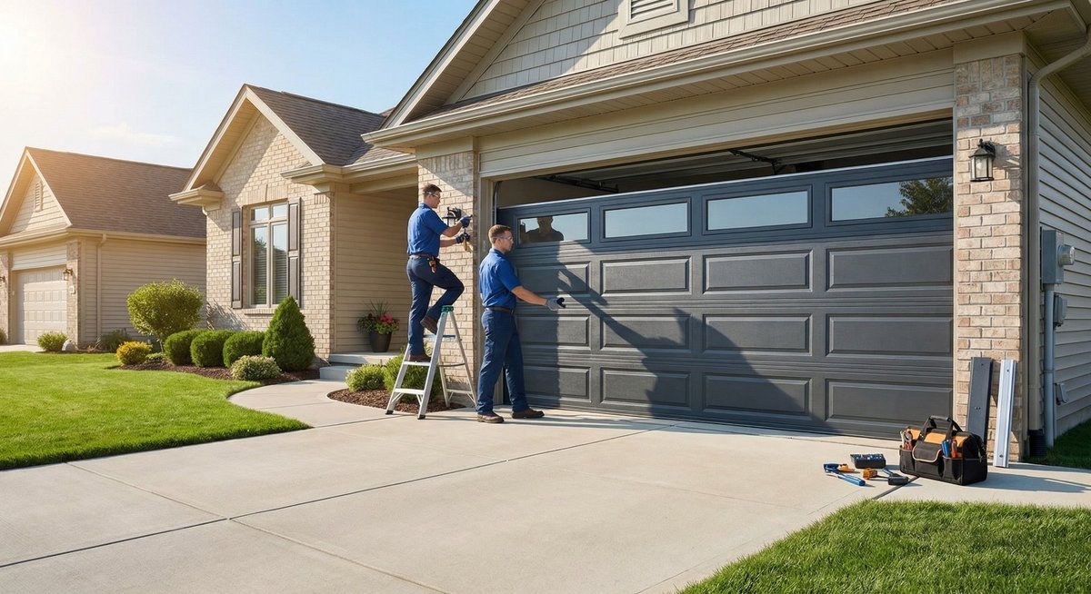 Two technicians working at a dark gray garage door on a suburban home