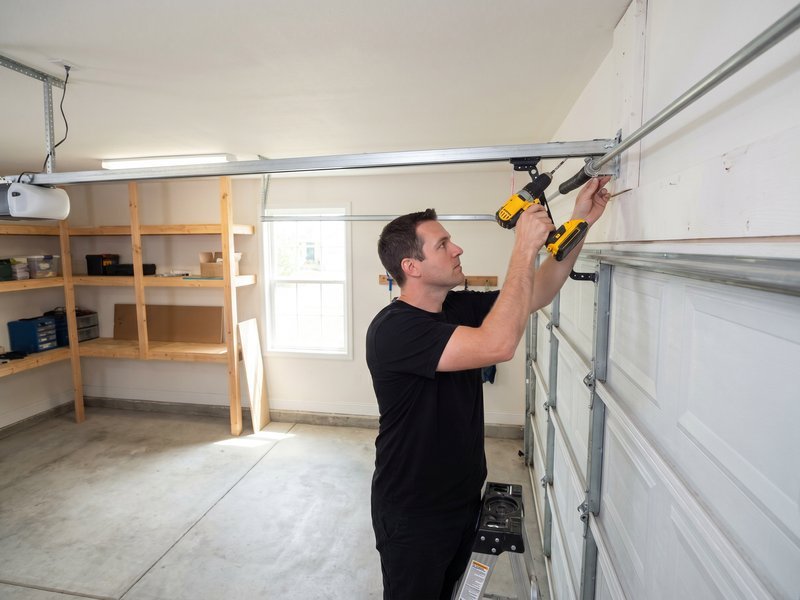 Installer fastening hardware at the upper edge of a sectional garage door