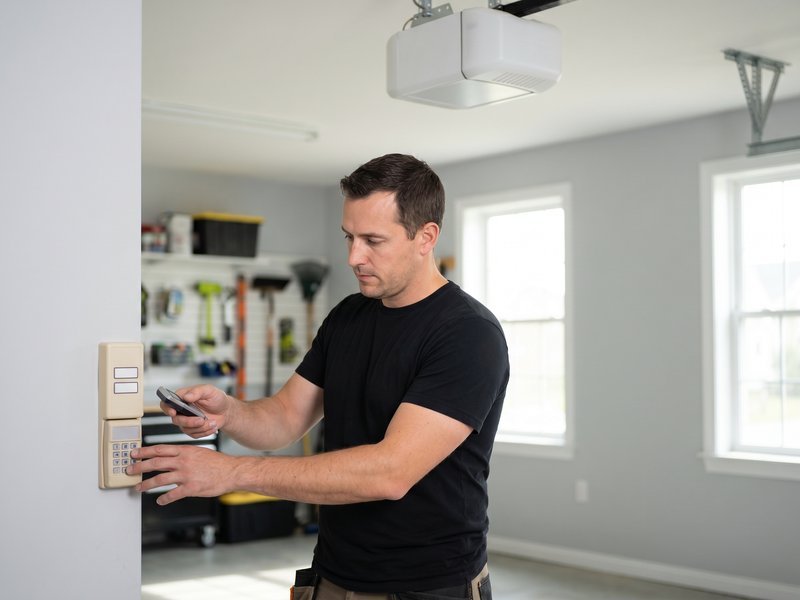 Technician discussing a handheld garage door control inside a finished garage
