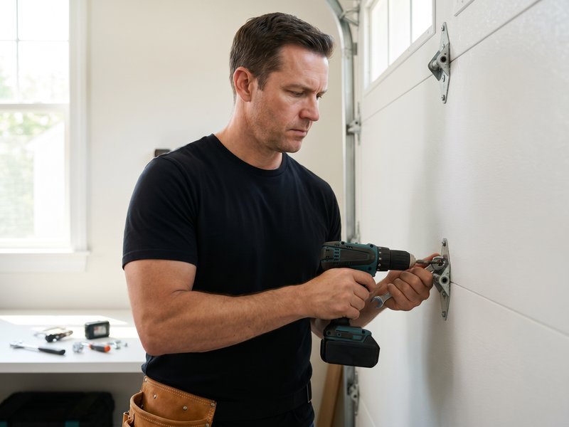 Technician using a cordless drill on the inside face of a sectional garage door