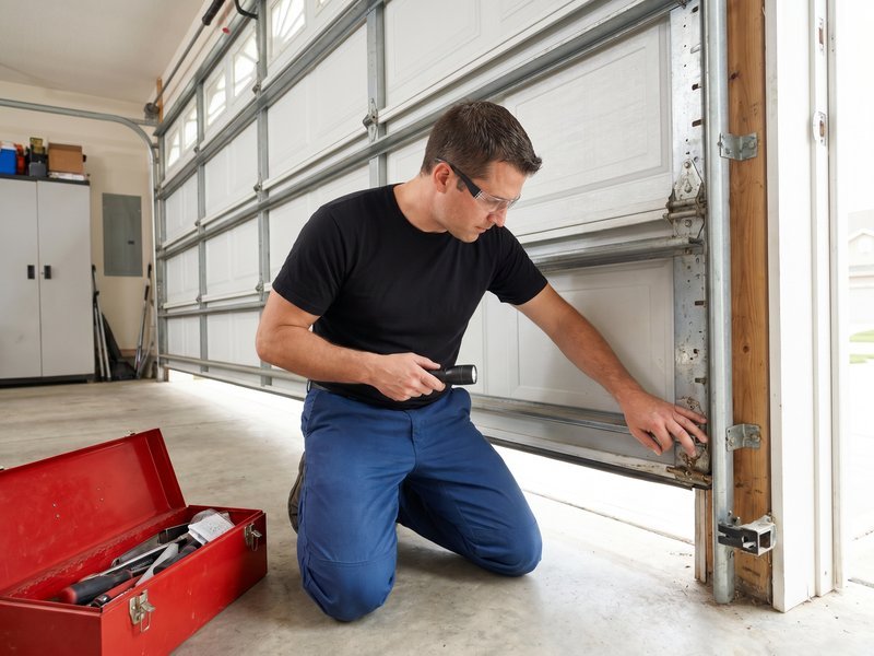 Technician kneeling at the bottom of a sectional garage door with a toolbox