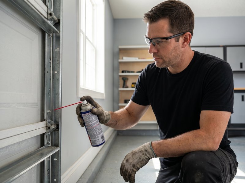 Close view of a worker using a drill at the garage door side track